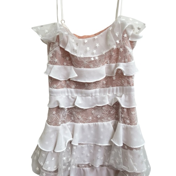 For Love & Lemons white Cosmic stars Ruffle Tiered Lace Mini Dress size small - Picture 4 of 7
